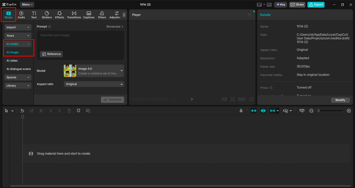 Accessing the AI image tool in the CapCut desktop video editor