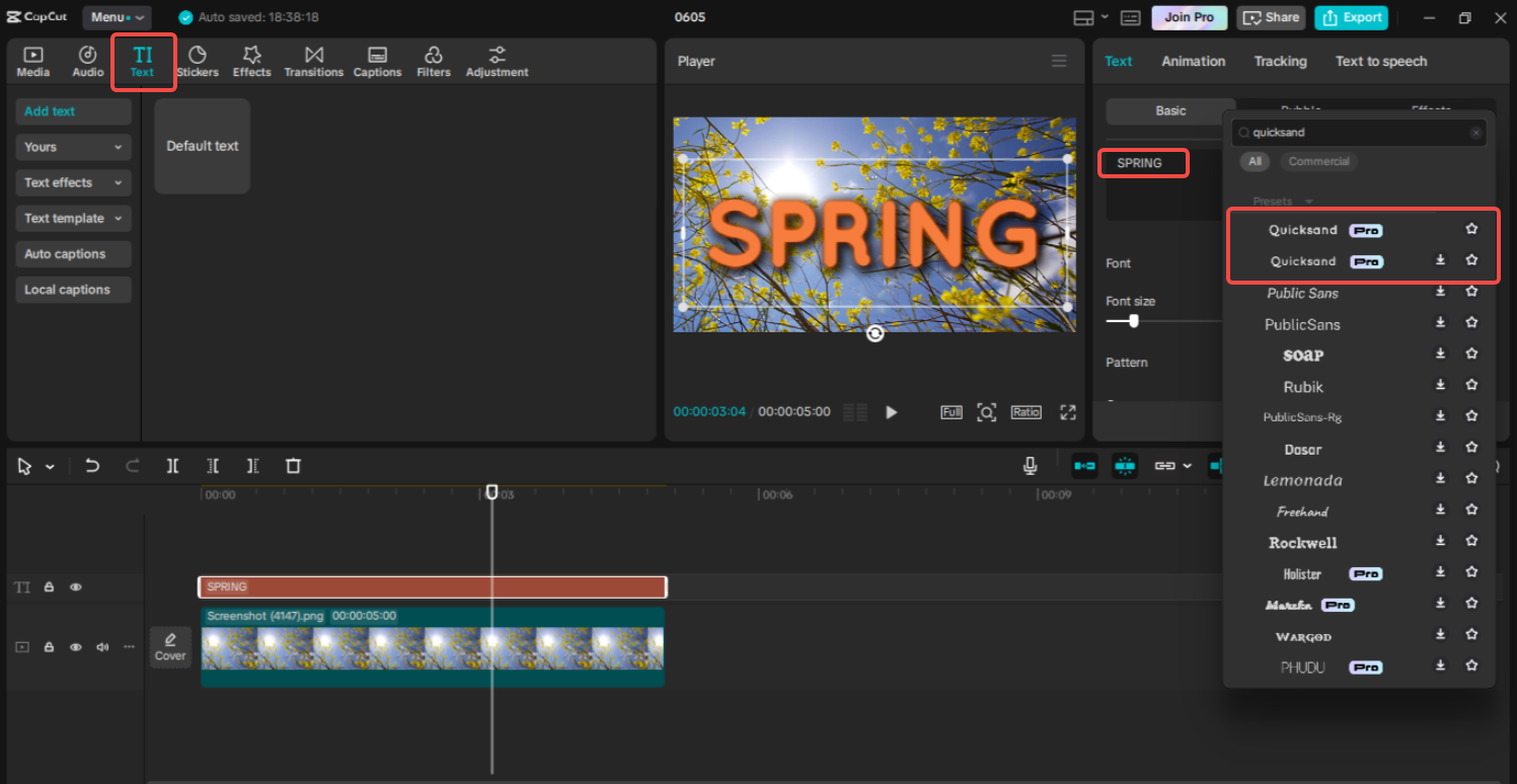 Creating and adding Quicksand text to the video in CapCut