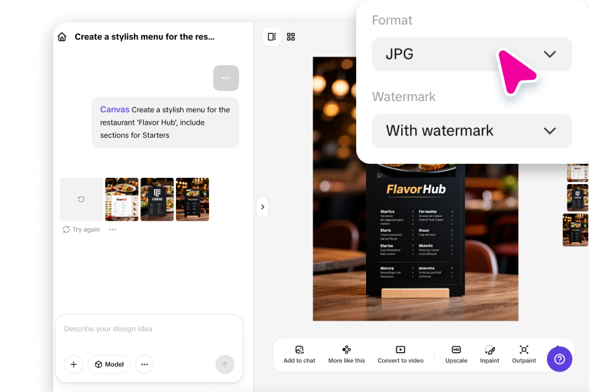 Export your menu card design