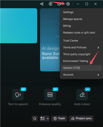 Check for updates in CapCut desktop settings