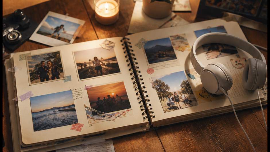 Trend 2024 Video - Scrapbook-ähnliche Zusammenfassungstabelle mit Fotos und Kopfhörern