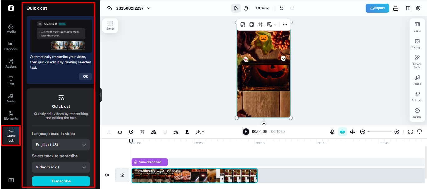 Corte Rápido no editor de vídeo não-linear Pippit