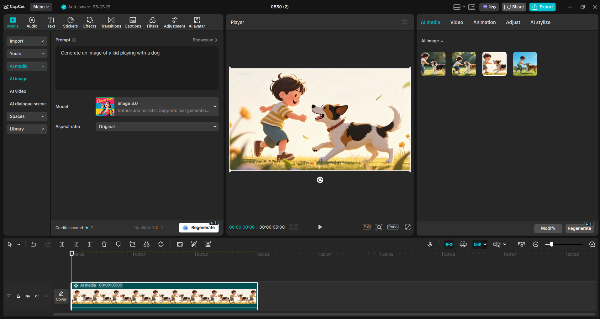 Interface of the CapCut desktop video editor - an easy to use AI image generator from text