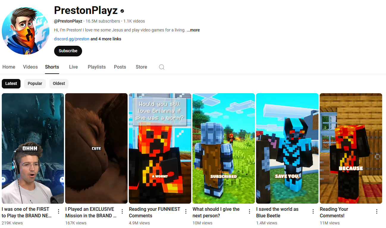 PrestonPlayz YouTube Minecraft Shorts канал с быстрым геймплеем