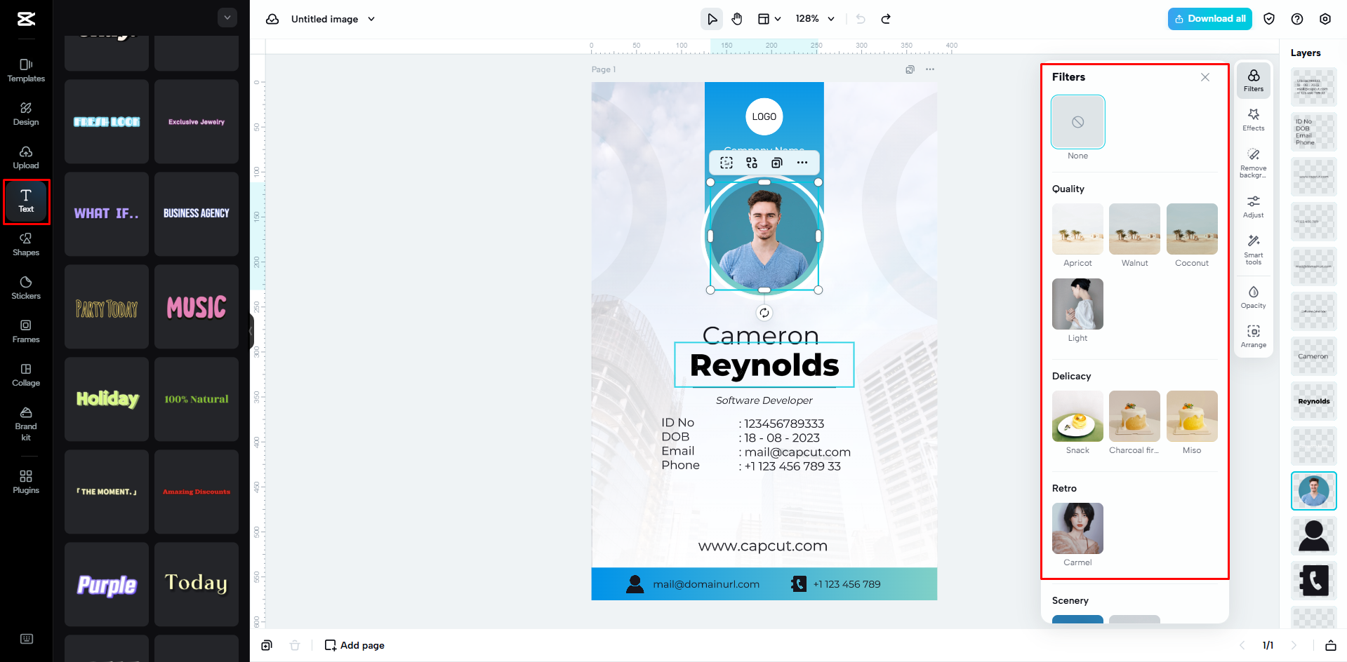 Editing an ID card on CapCut Web