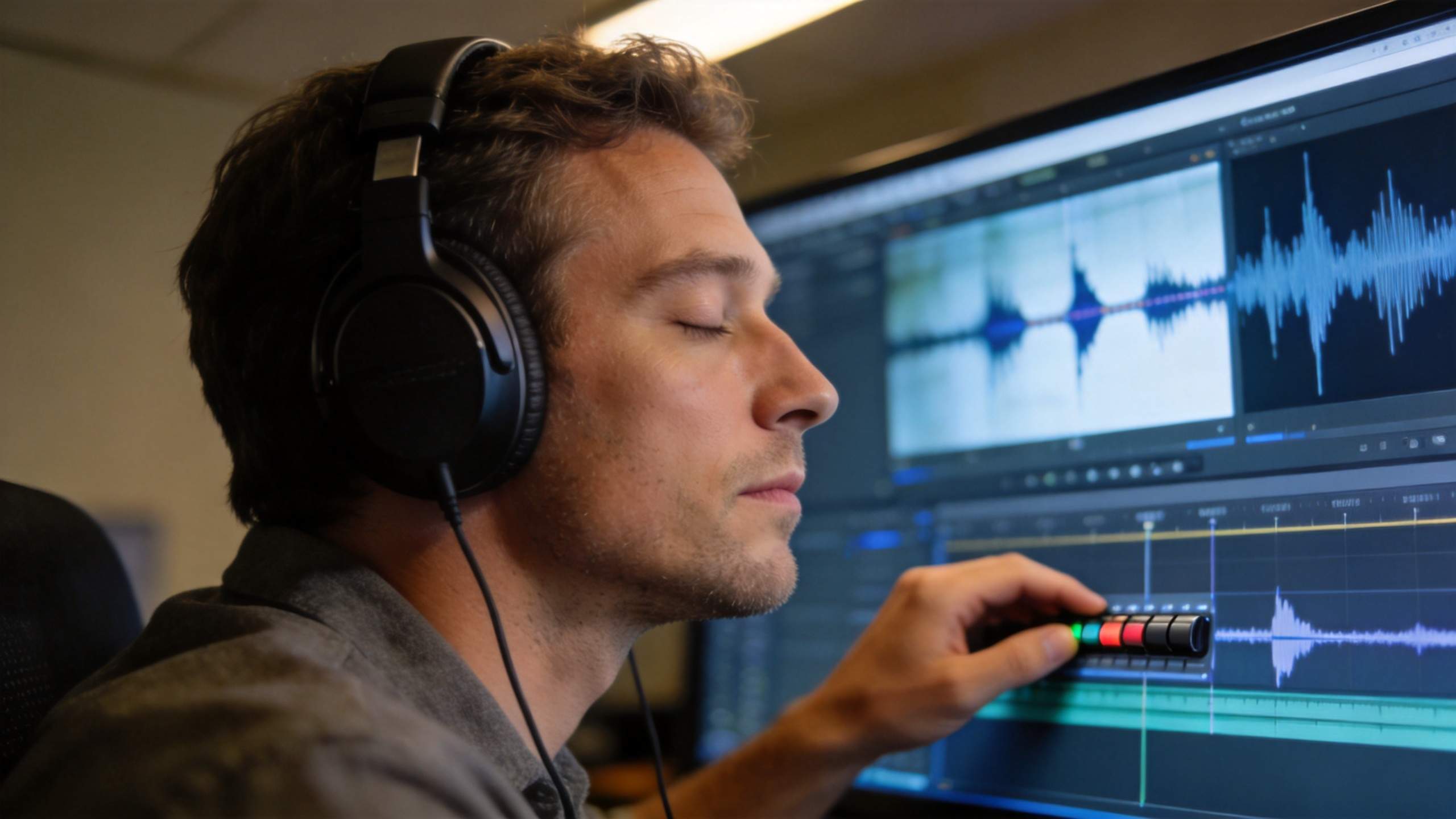 Man wearing headphones editing audio waveforms on a computer monitor