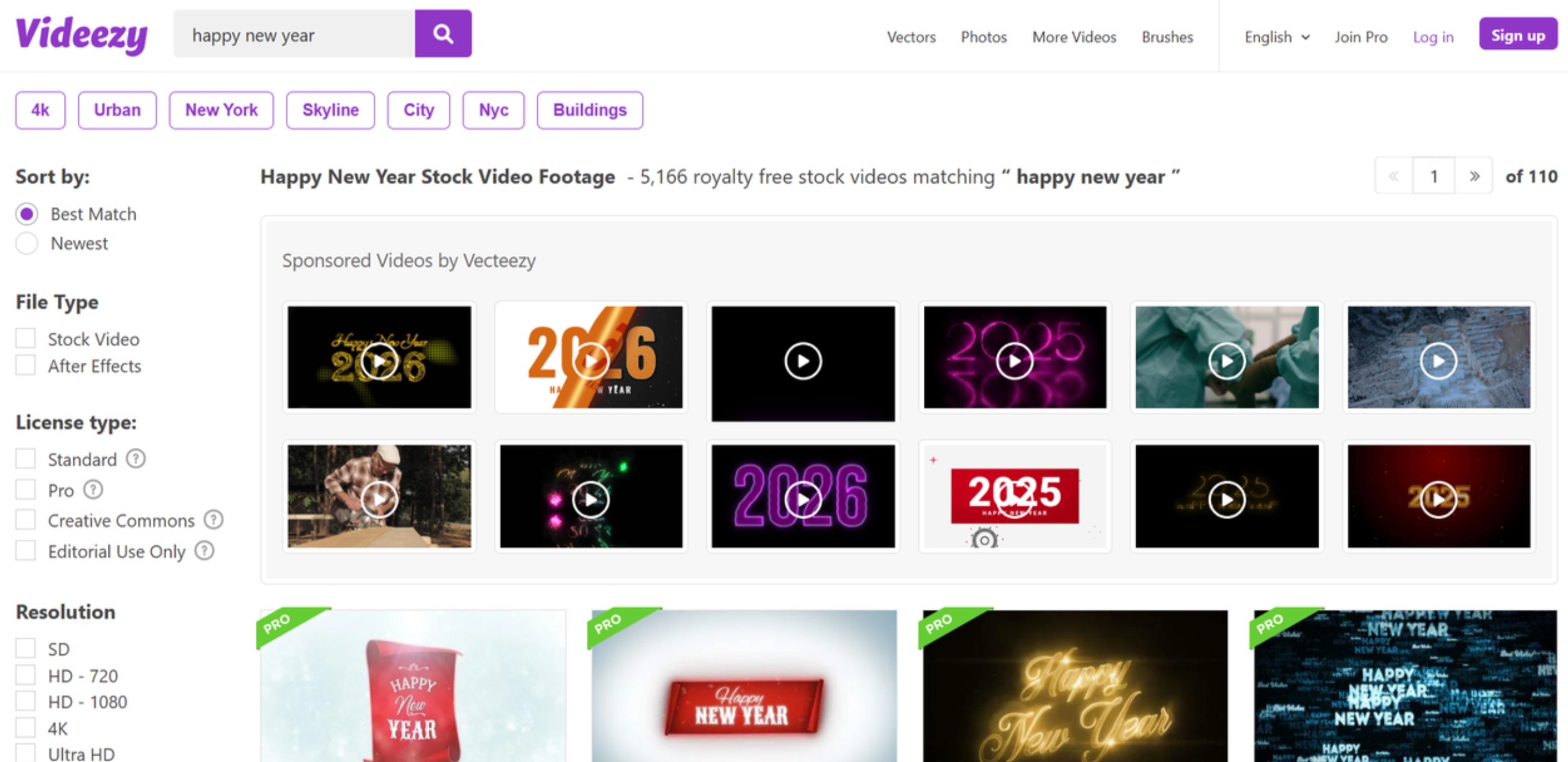Interface of Videezy - the most visited site to download Happy New Year videos