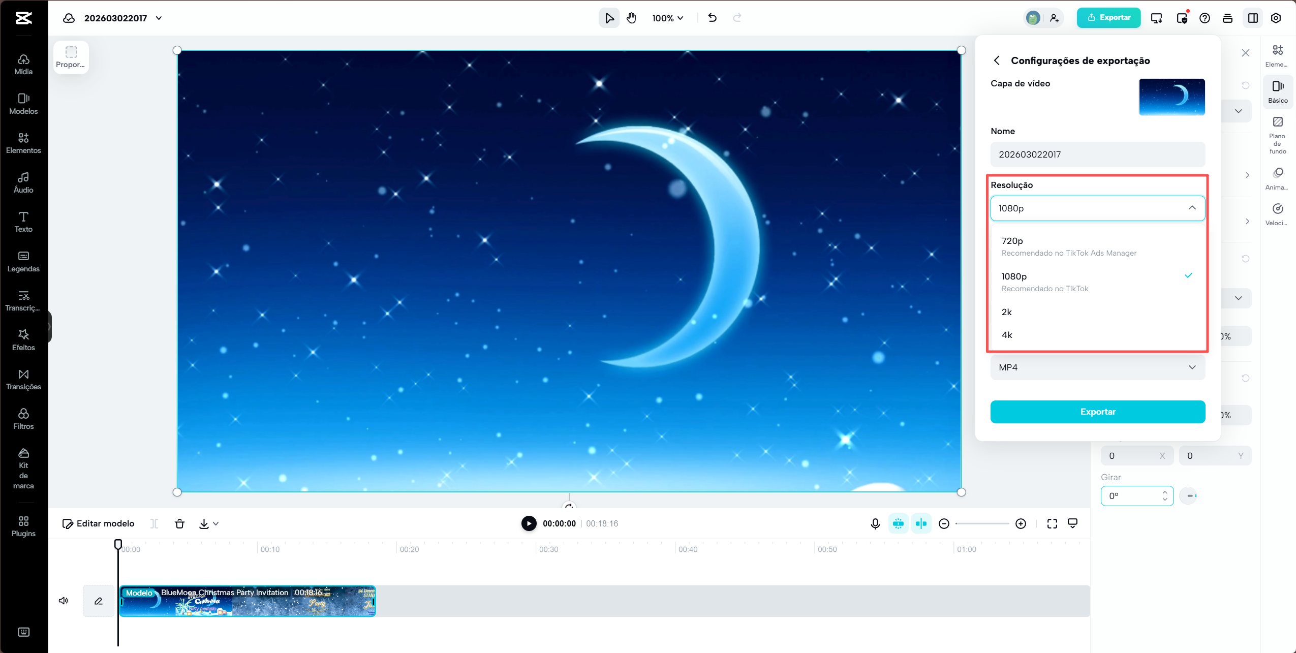 Opções de resolução no CapCut