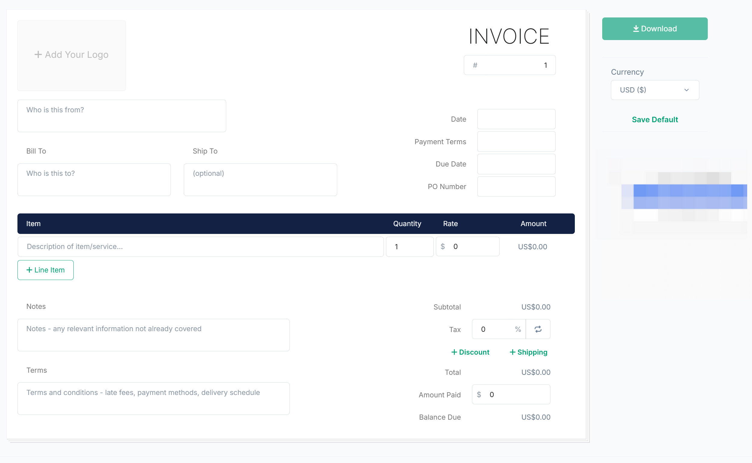 Interface of Invoice Generator - an easy-to-use and free invoice generator