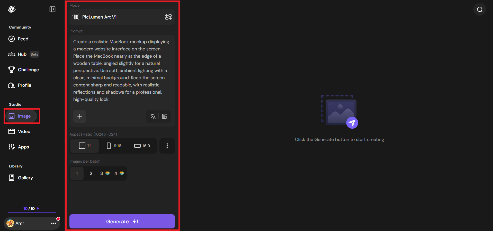 Set up the image settings and generate