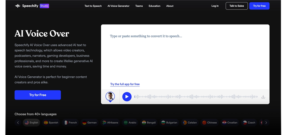 Speechify editor interface showcasing text-to-speech conversion in WAV format 