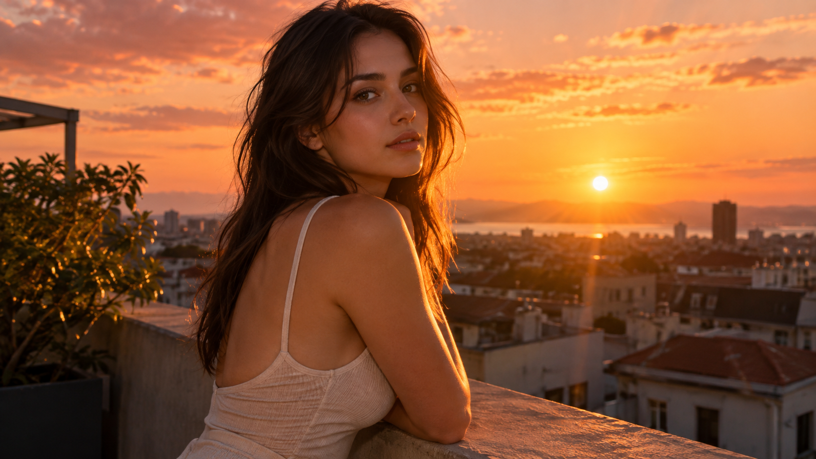 create an ultra-realistic sunset portrait with warm rim light, natural skin texture, believable sky color, controlled contrast, and a refined editorial finish