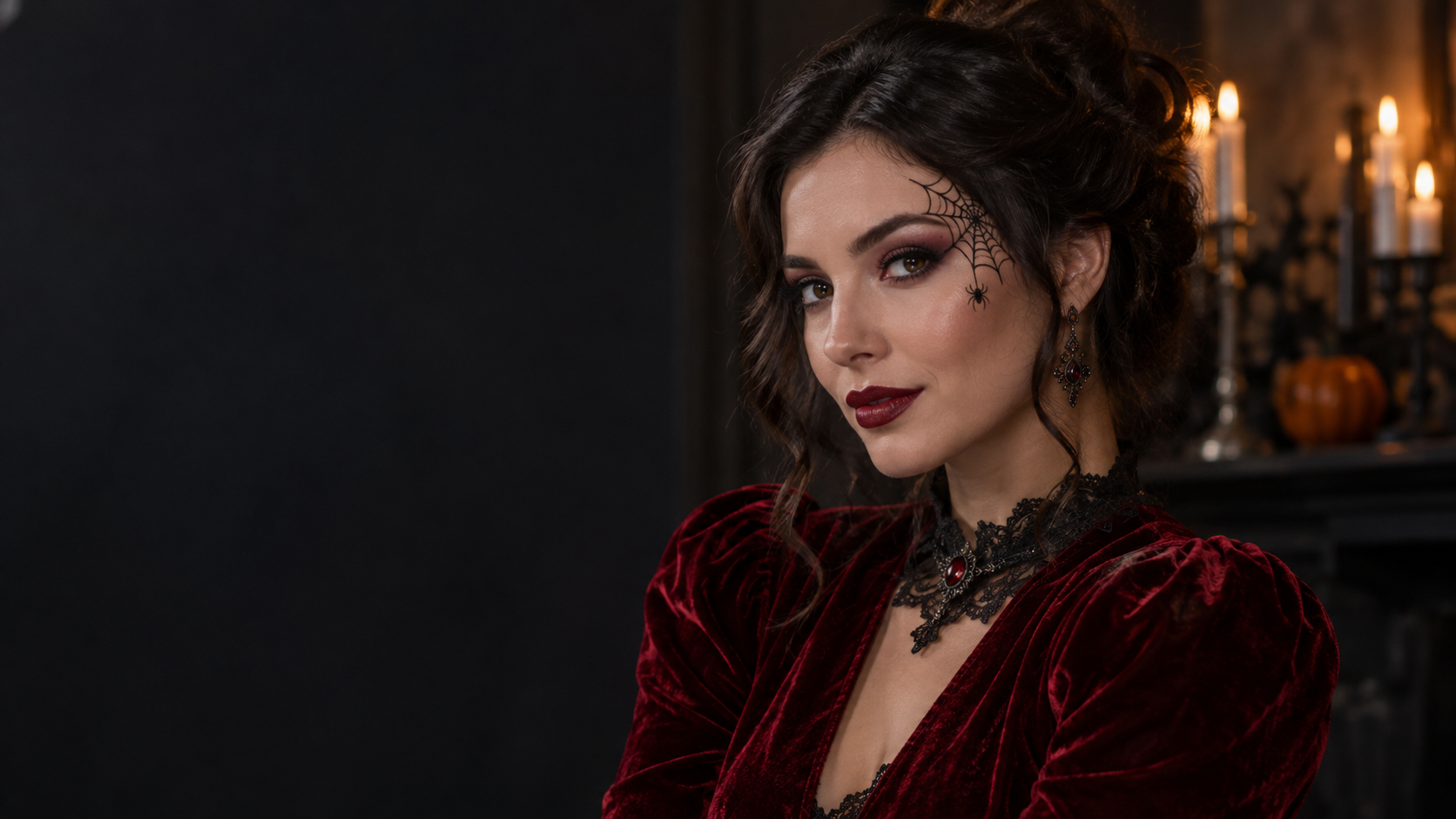 Velvet Black Widow Look: Eine fiktive erwachsene Frau mit einem feinen schwarz bemalten Spinnennetz an der Schläfe, einem winzigen dekorativen Spinnenmotiv, roter Samtkleidung und dramatischem, aber tragbarem Make-up.