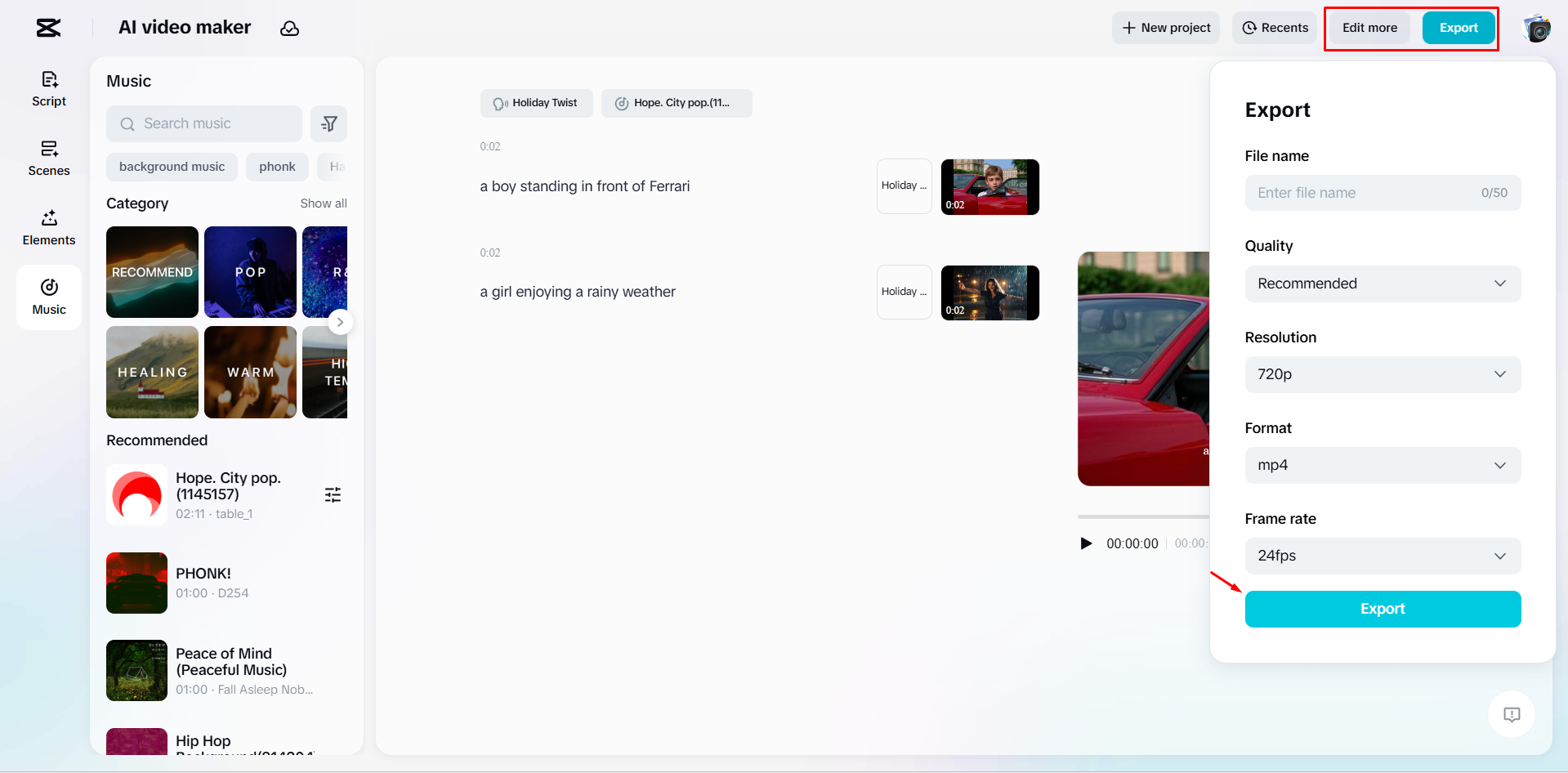 Exporting a video from CapCut's AI video maker