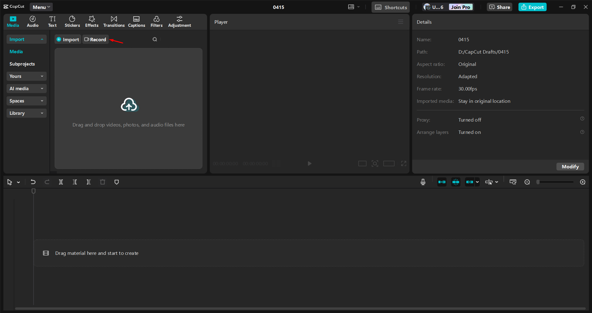 Accessing the "Record Screen" feature in the CapCut desktop video editor