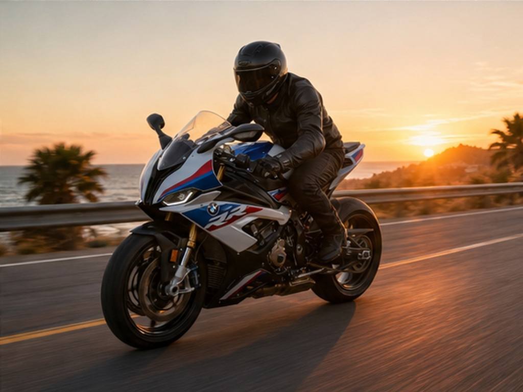 Gemini BMW S1000RR Bike Prompts prompt example 6 - Sunset coastal road