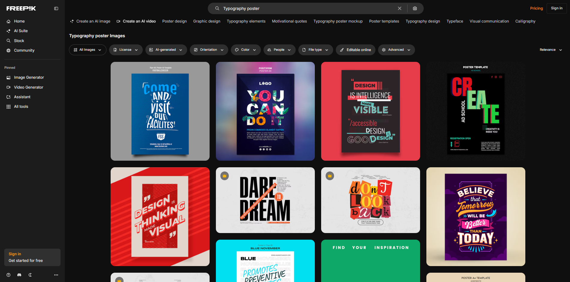 Interface of Freepik - a site with diverse typography poster designs