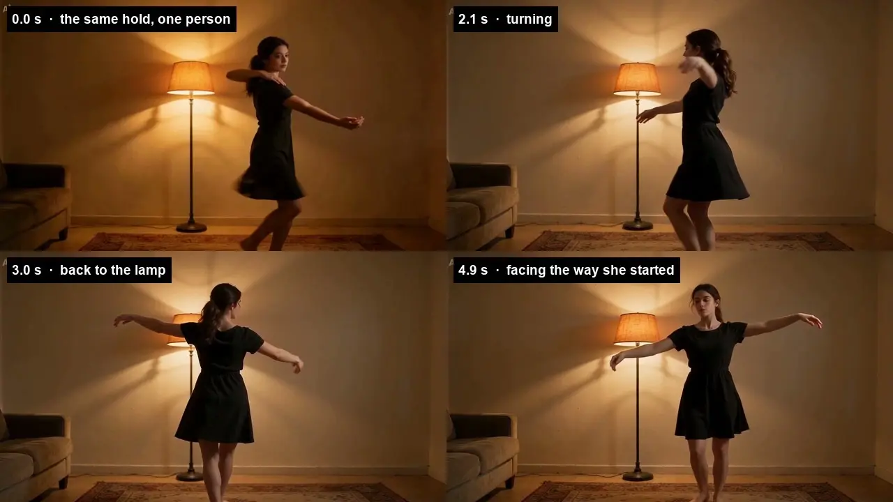 Woman in black dress turning in a dim living room beside a floor lamp.