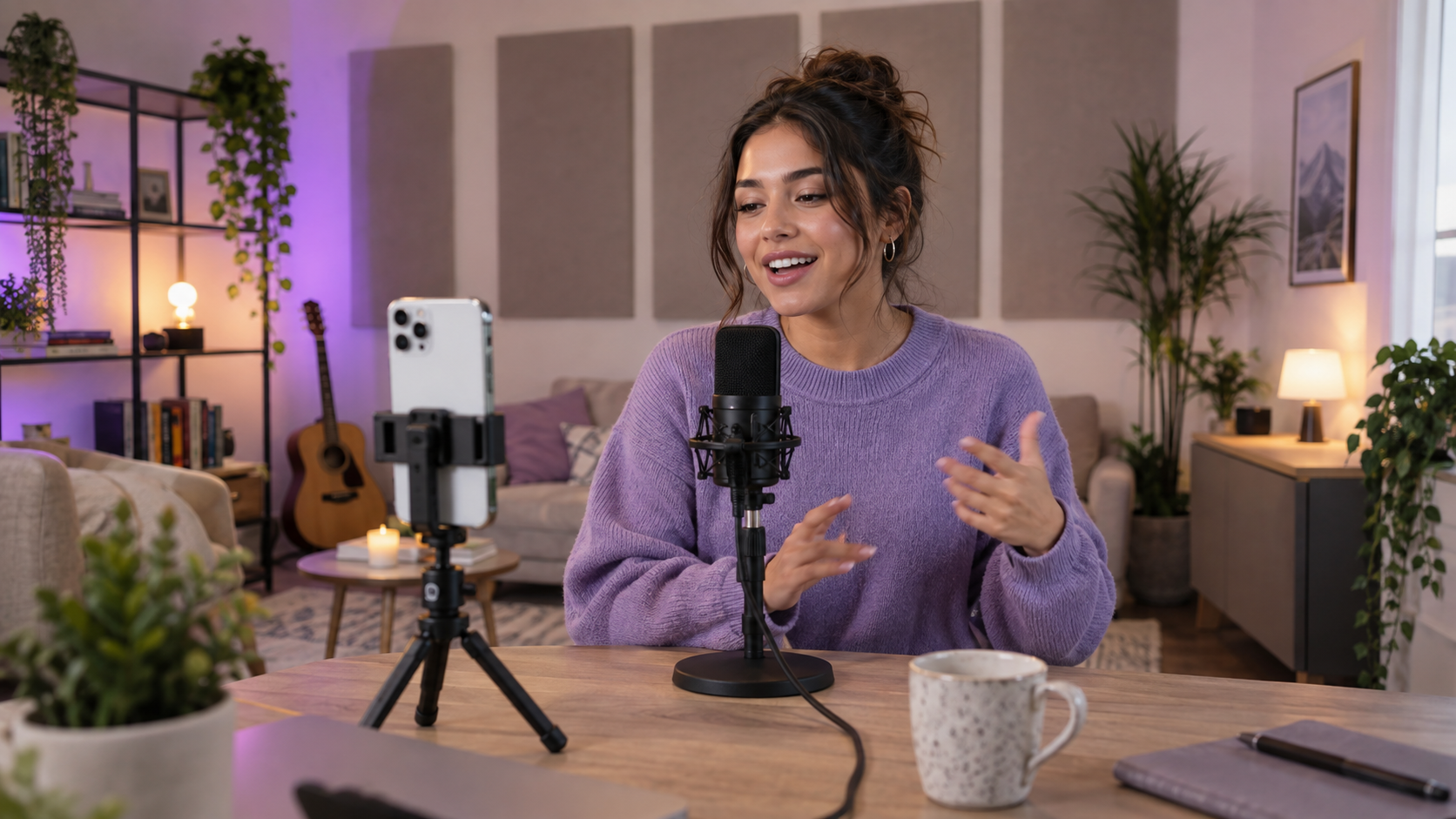 Social video creator recording an energetic voiceover with a smartphone and microphone