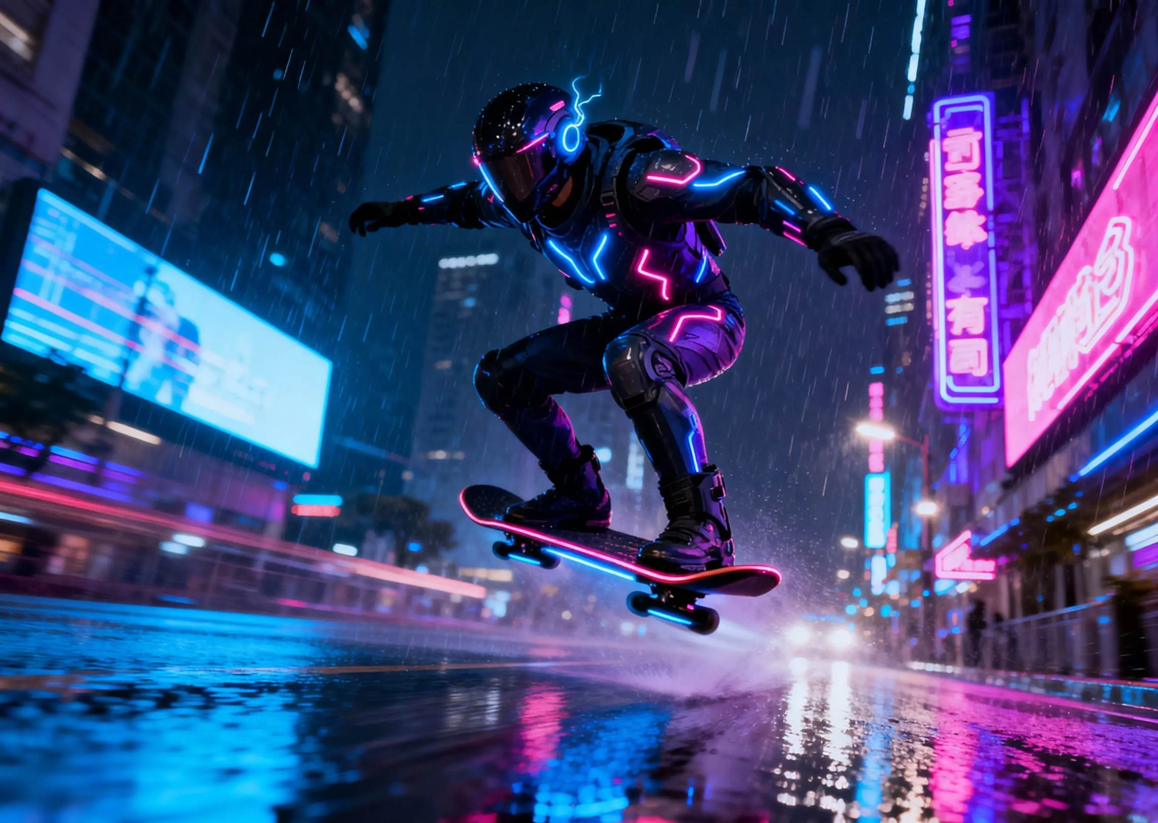 Egy futurisztikus hoverboarder, aki éjszaka a neonvilágítású város felett suhan