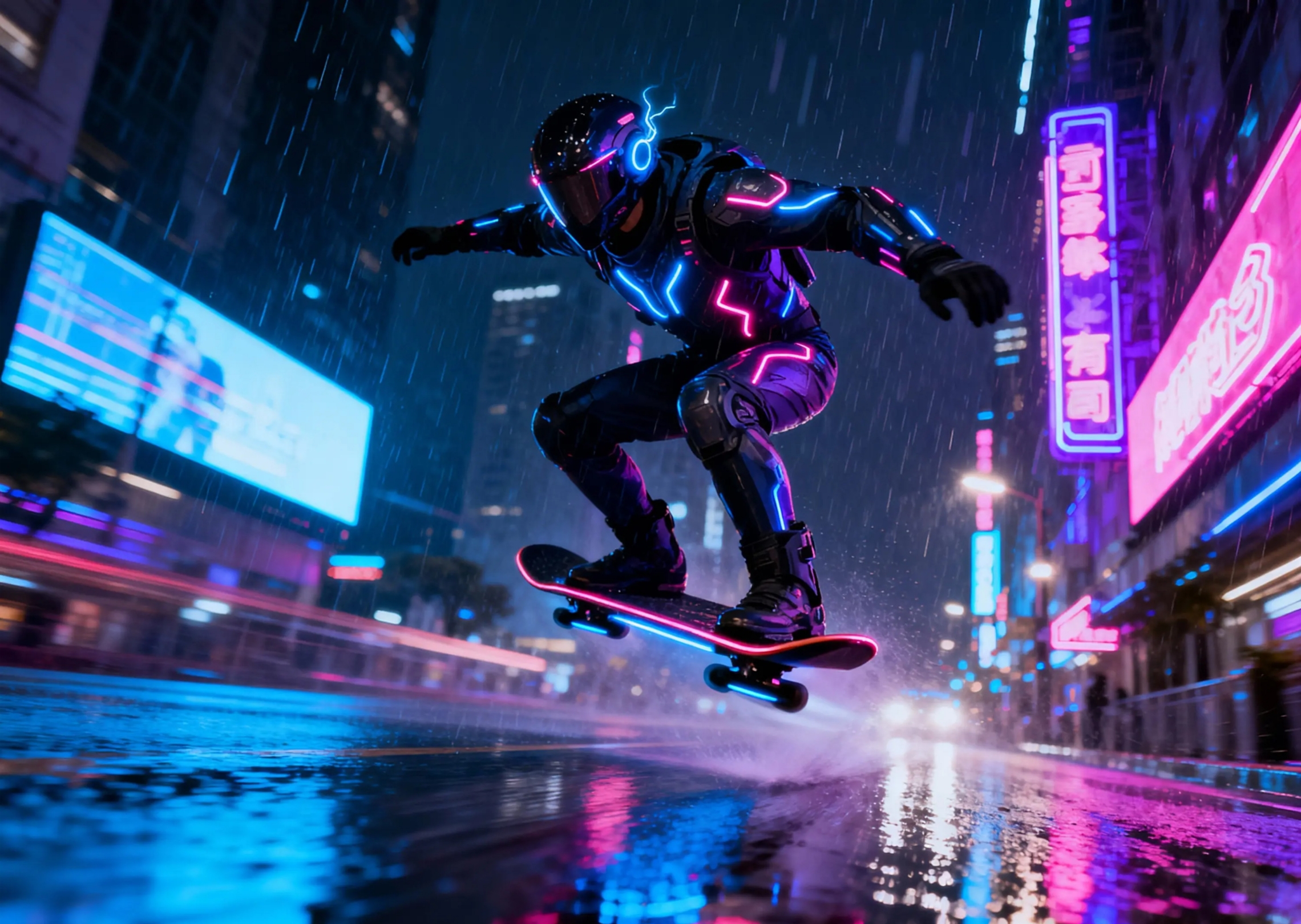 밤에 네온 불빛이 비치는 도시 위를 미끄러지는 미래형 호버보더