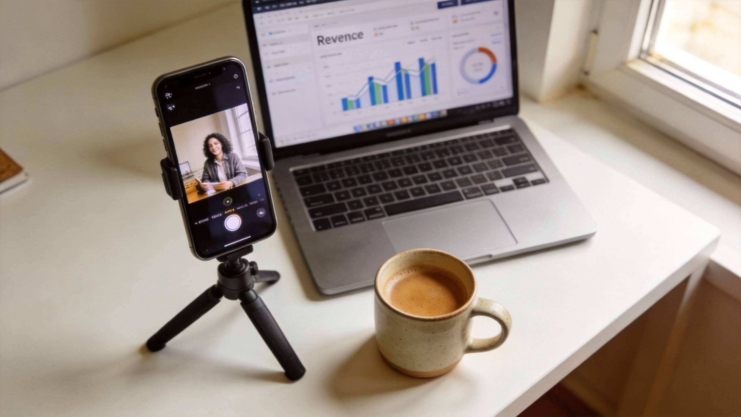 Phone on tripod filming a creator beside a laptop showing revenue analytics
