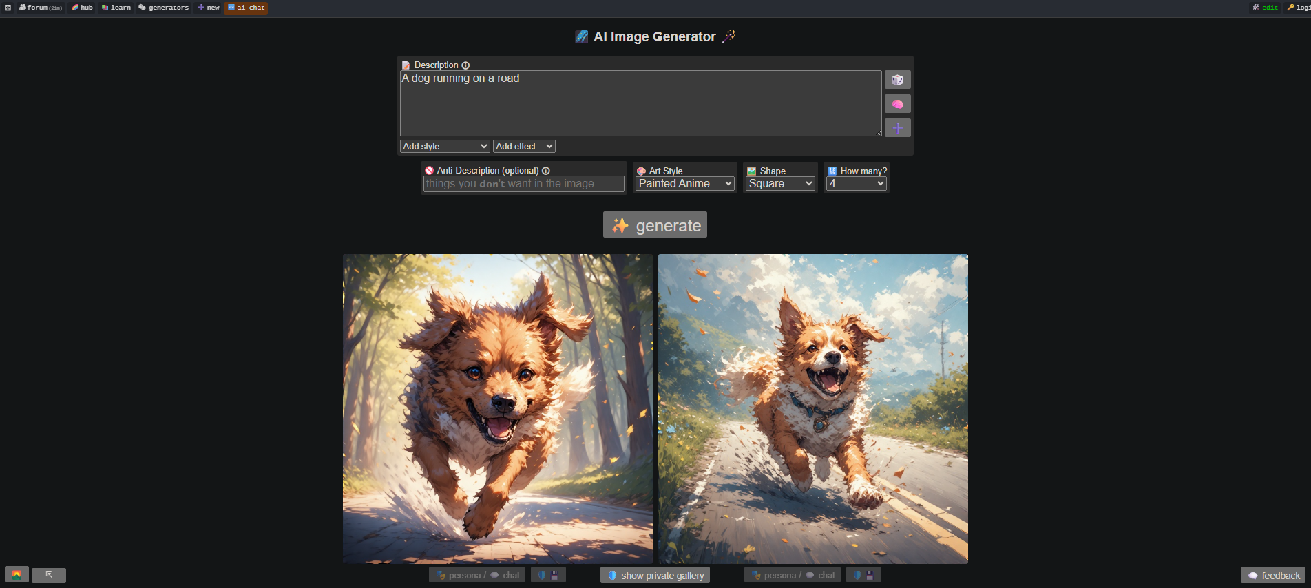 Rozhraní aplikace Perchance - efektivního generátoru AI obrazů bez registrace.