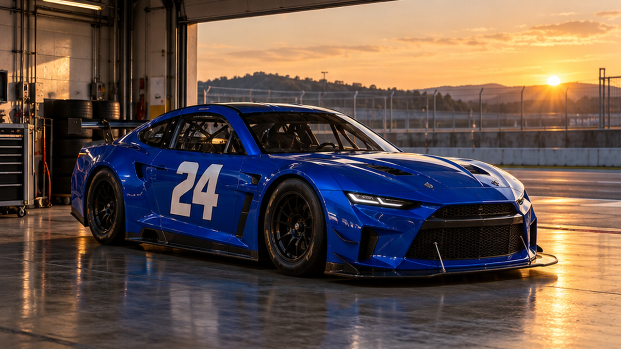 Illustrative keyframe: Original blue number 24 race car in sunrise pit garage