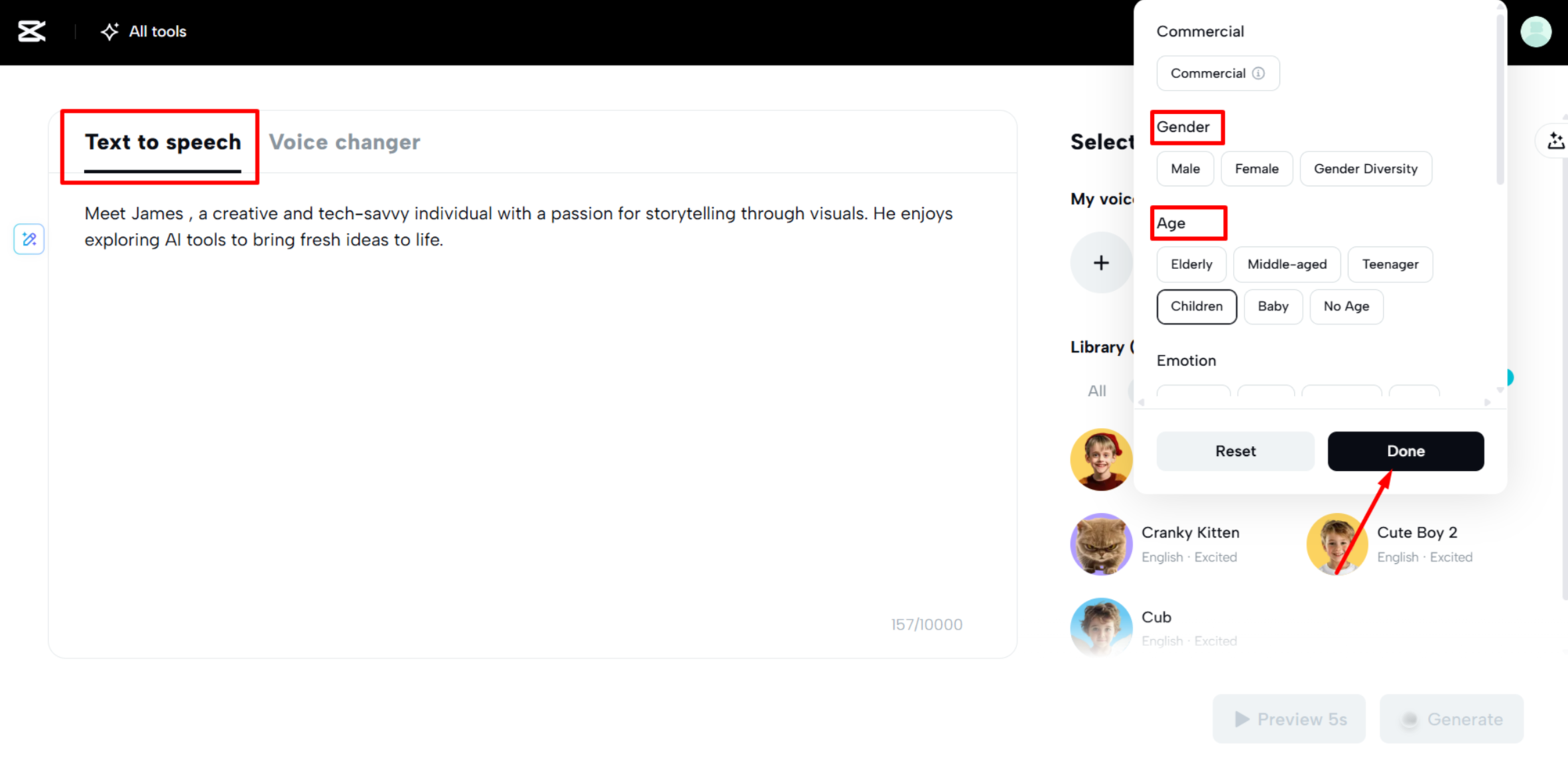 Applying child voice on CapCut Web