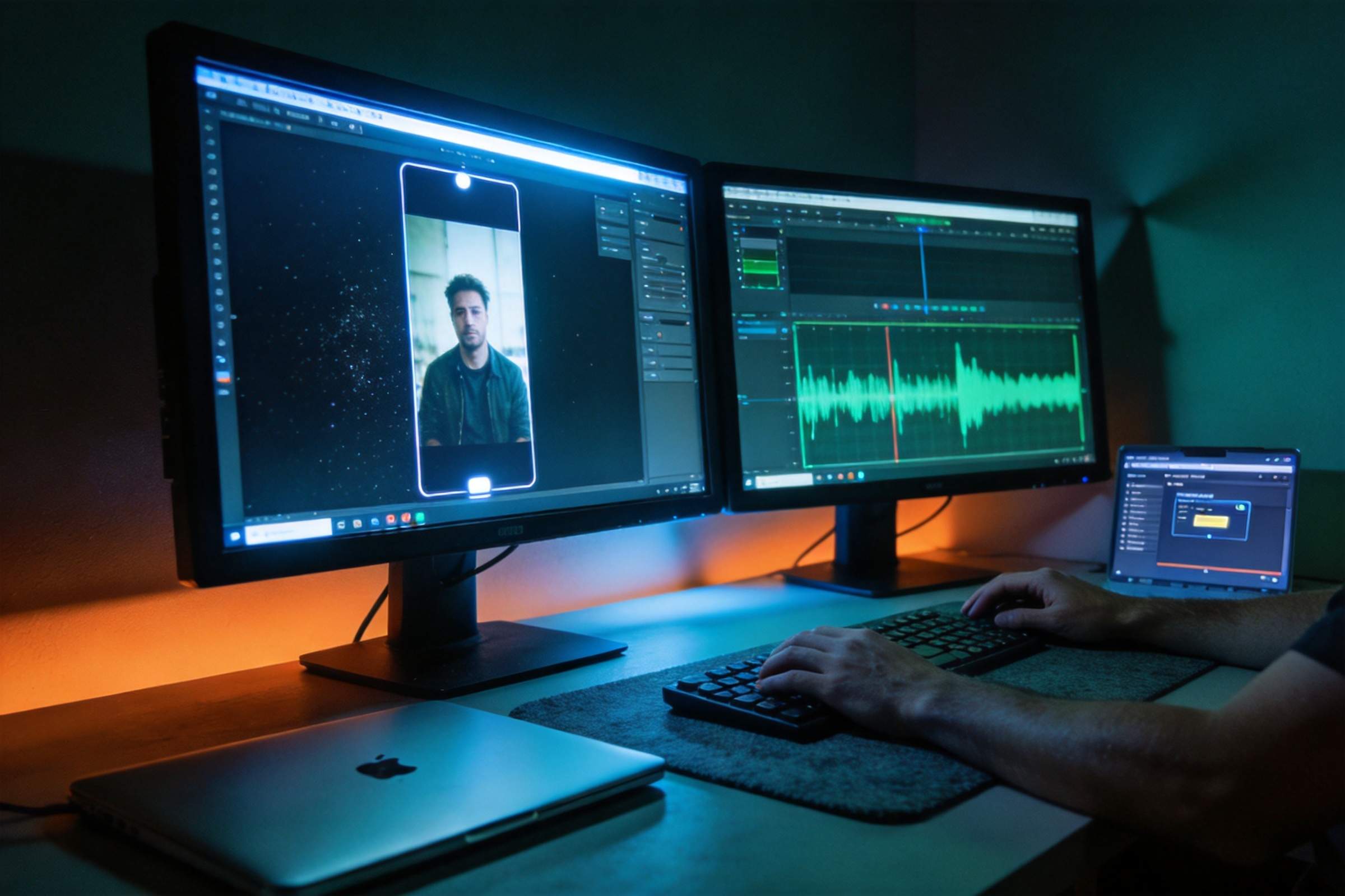 Dual monitors show video editing software with a vertical clip and audio waveform on a desk