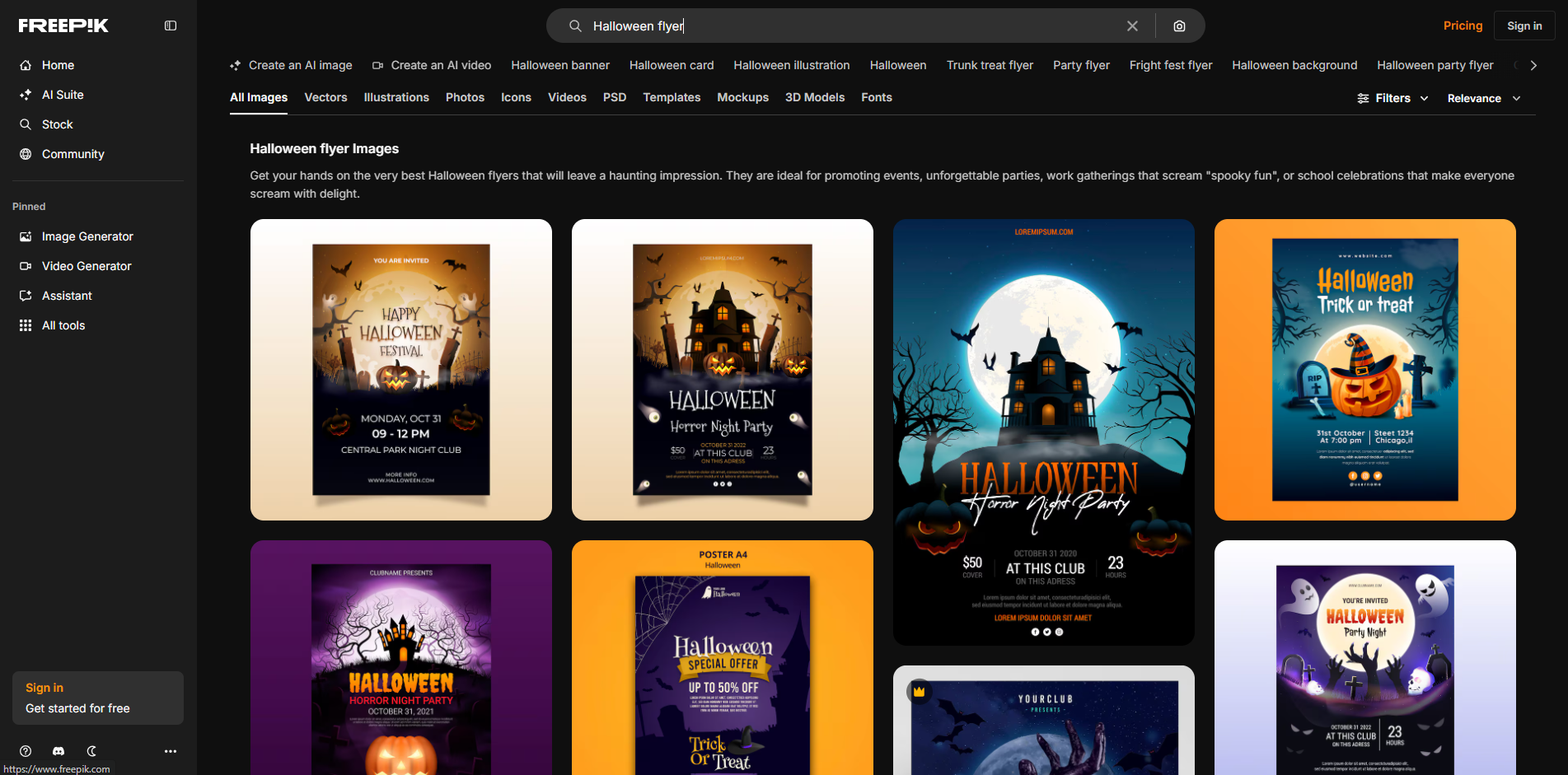 Interface of Freepik - another place to find Halloween flyer templates