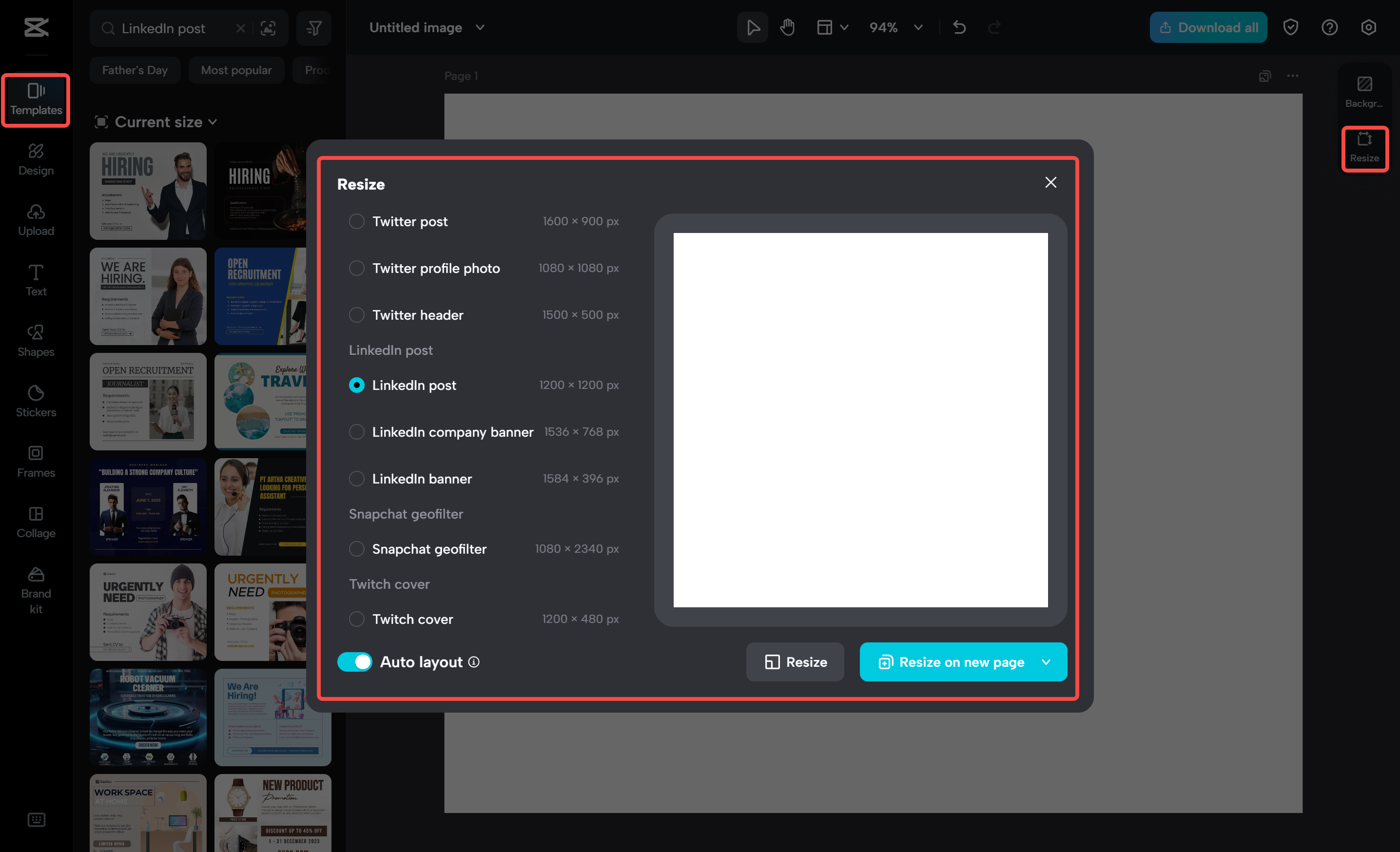 Choosing a LinkedIn post template in the CapCut desktop video editor
