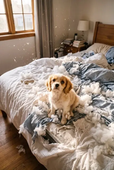 Small dog sitting on a torn, stuffing-filled bed in a messy bedroom