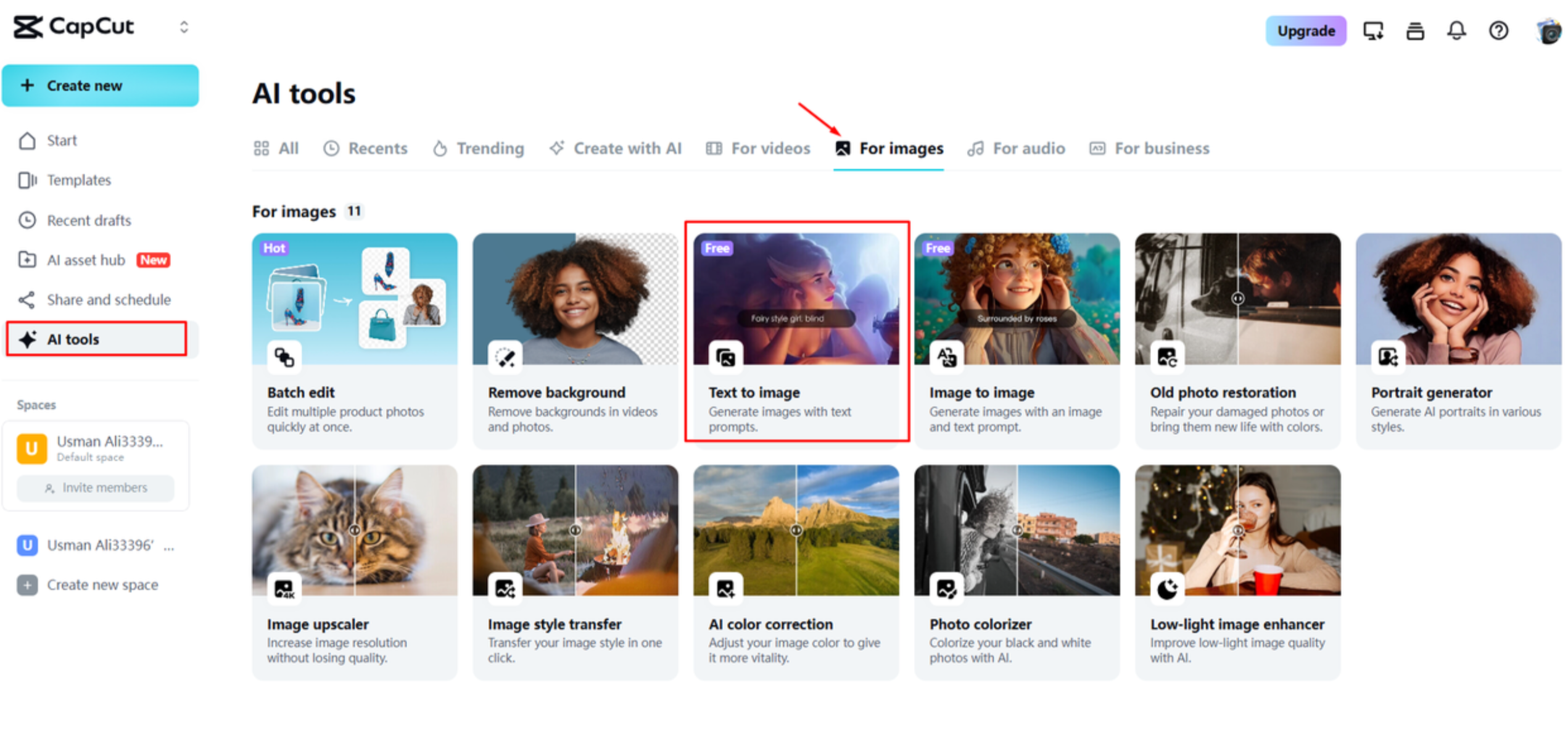 Opening the image generator in CapCut Web