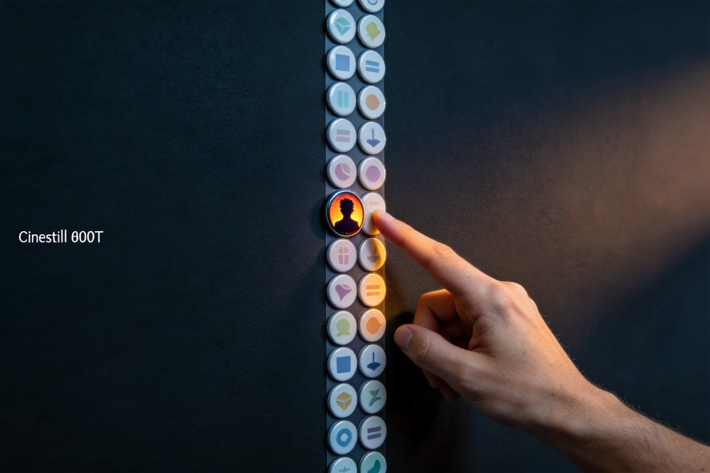 Hand pointing at a glowing circular server icon among a vertical row of small icons