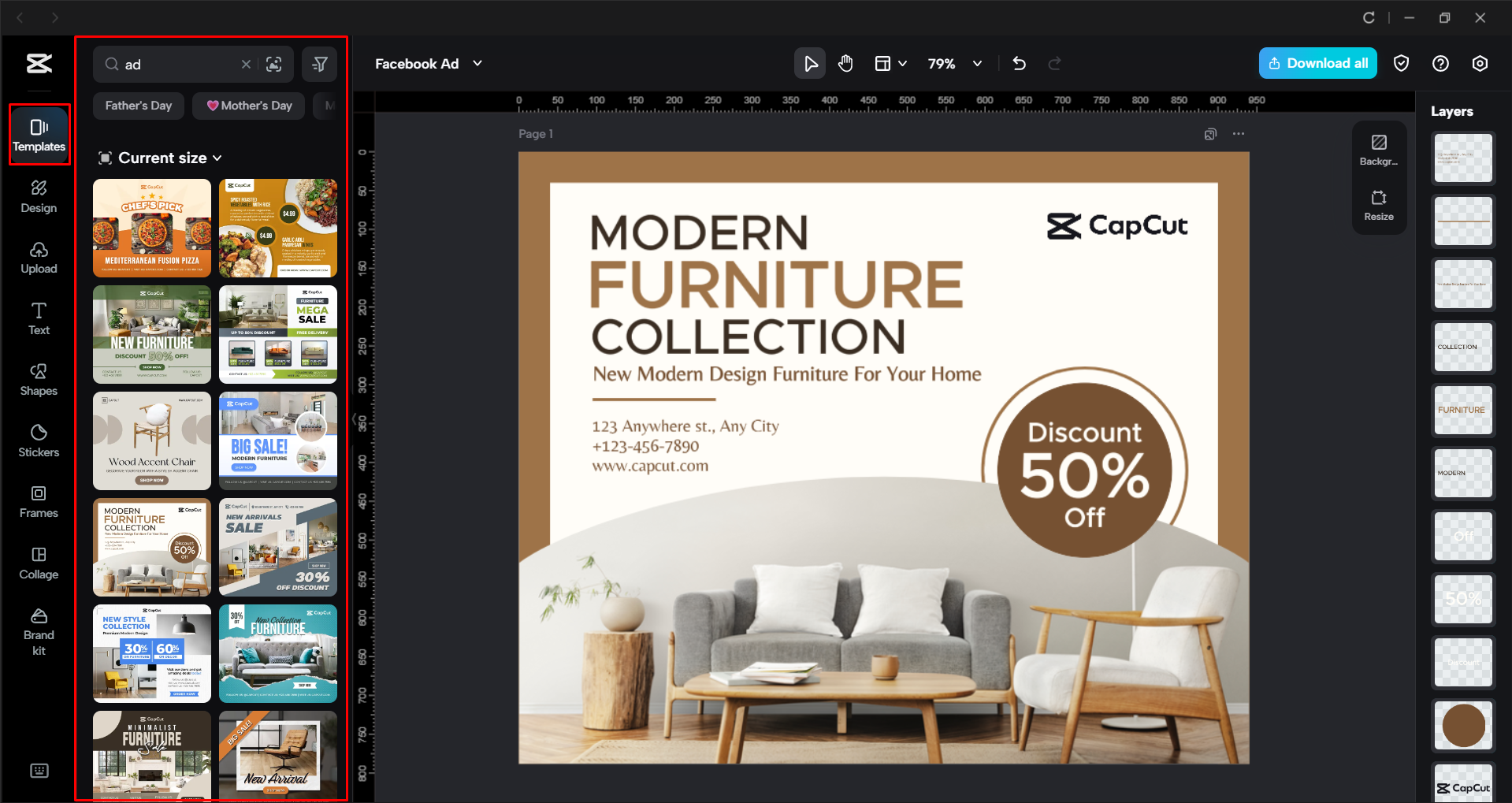 Choosing a Facebook ad template in the CapCut desktop video editor