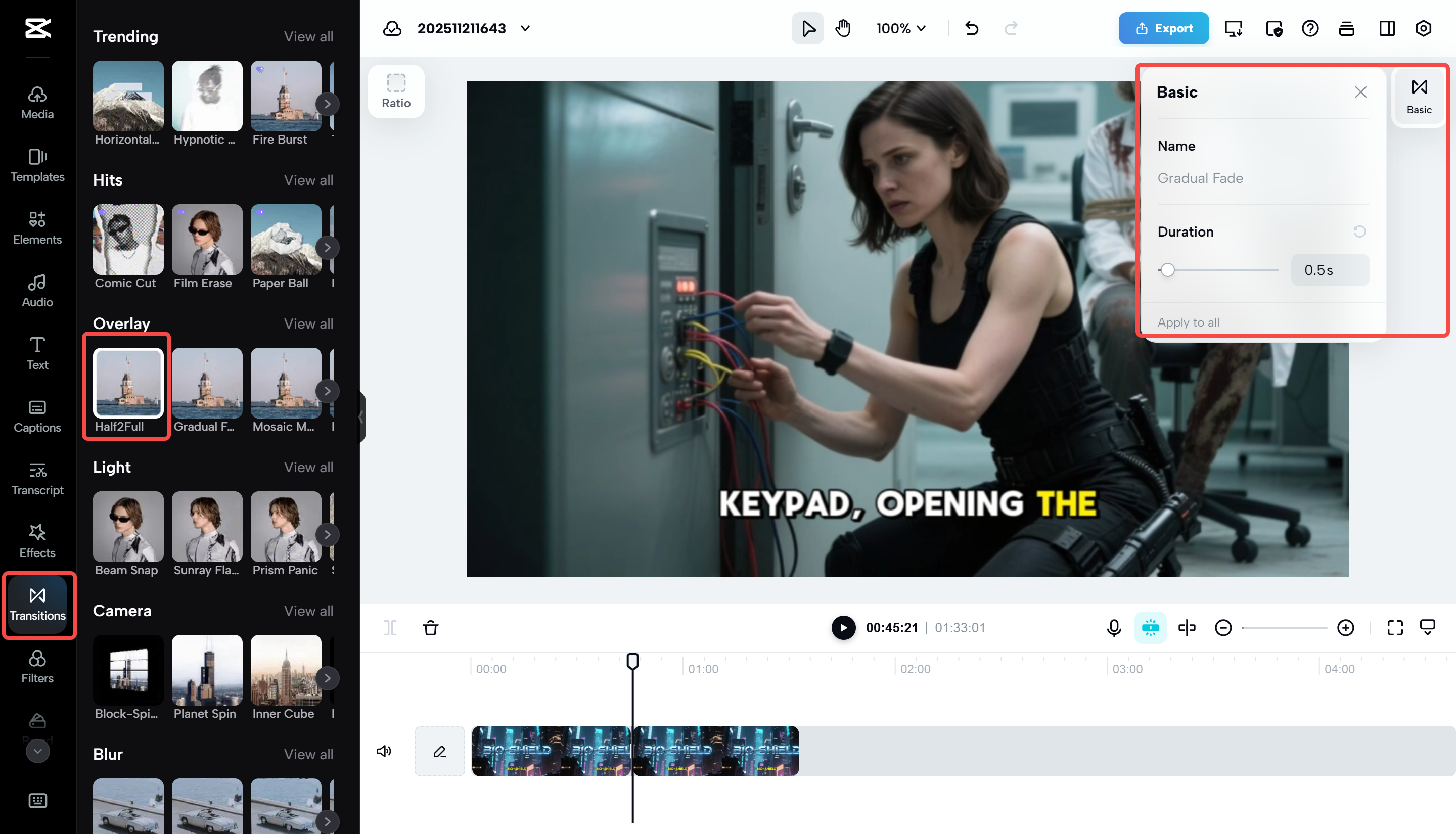 Add transitions while merging videos in CapCut online.