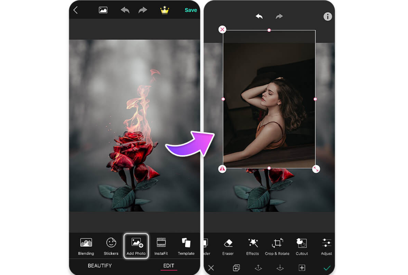 YouCam Perfect - un autre excellent outil pour ajouter une image à une image