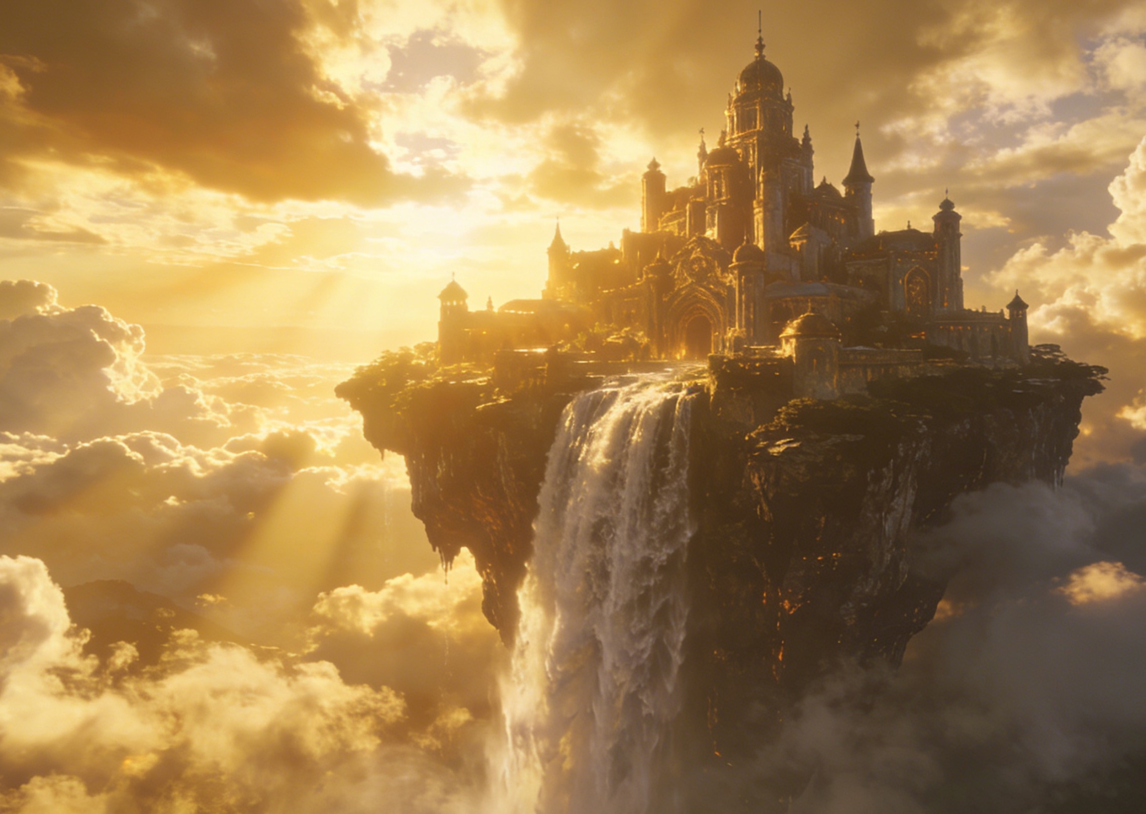 Bulutların üzerinde yüzen büyük bir fantezi kalesi