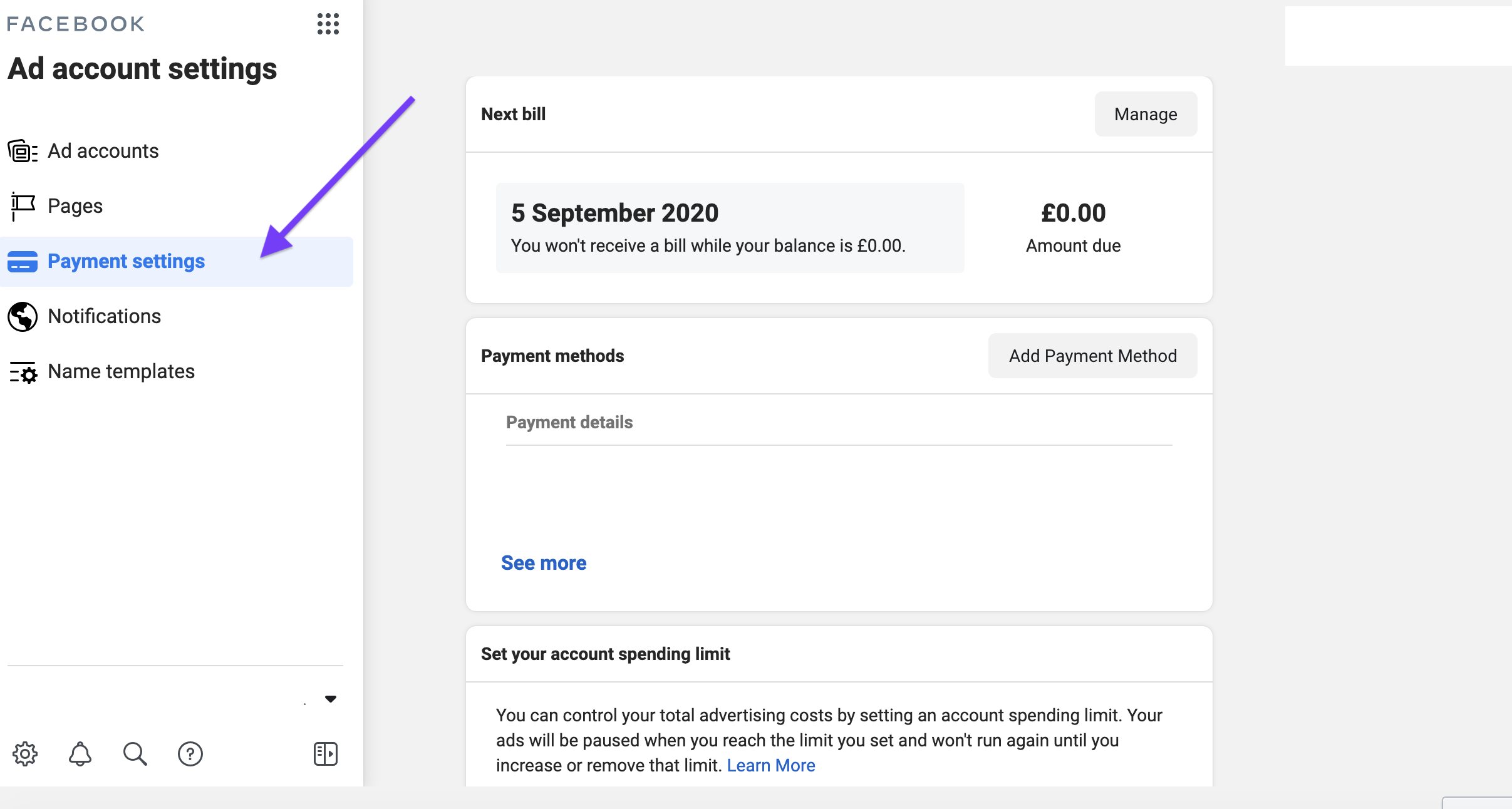 Добавление подходящего способа оплаты в Facebook Ad Manager
