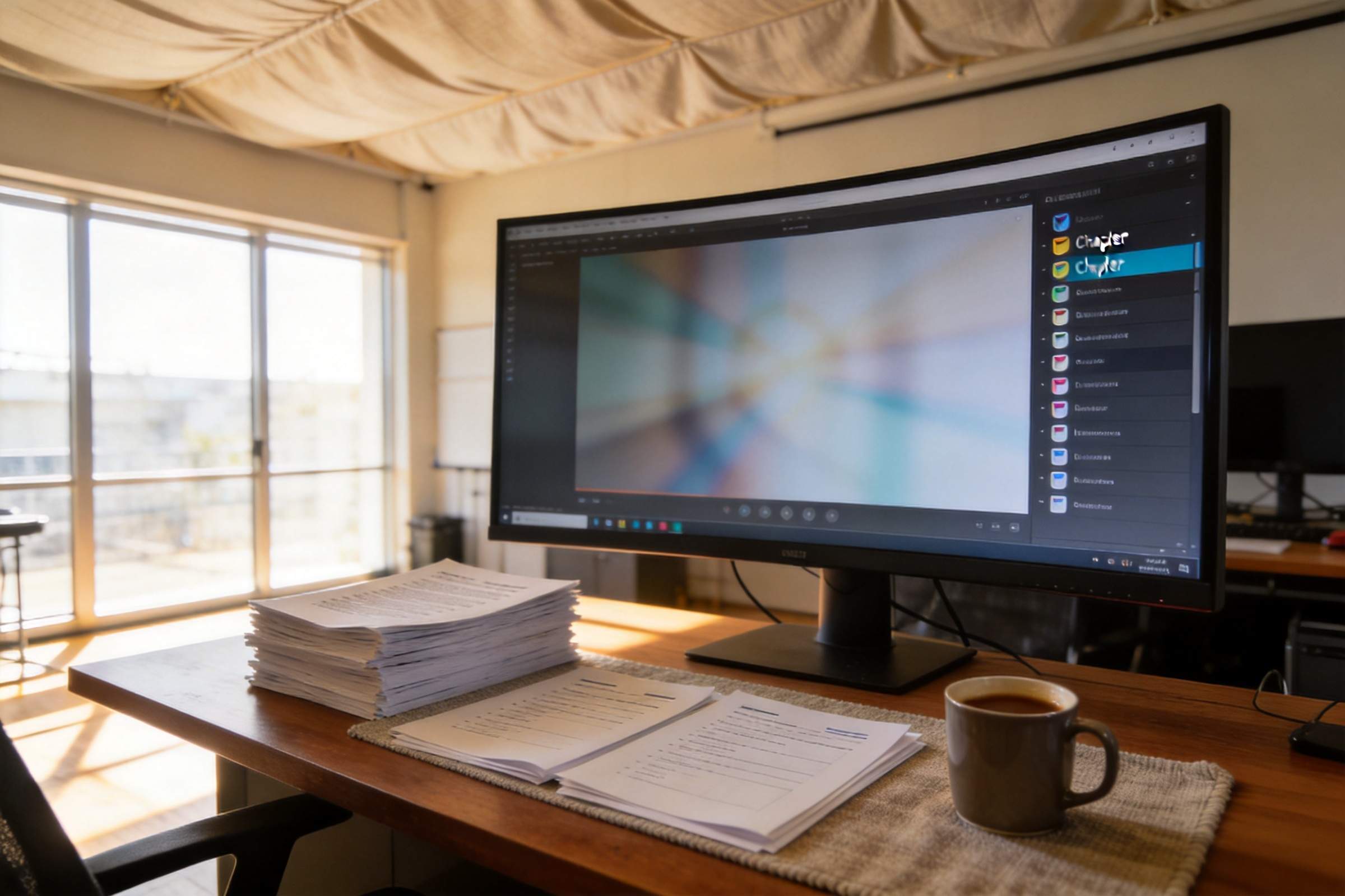 Desk with printed papers and a coffee mug beside a monitor showing a video editing interface