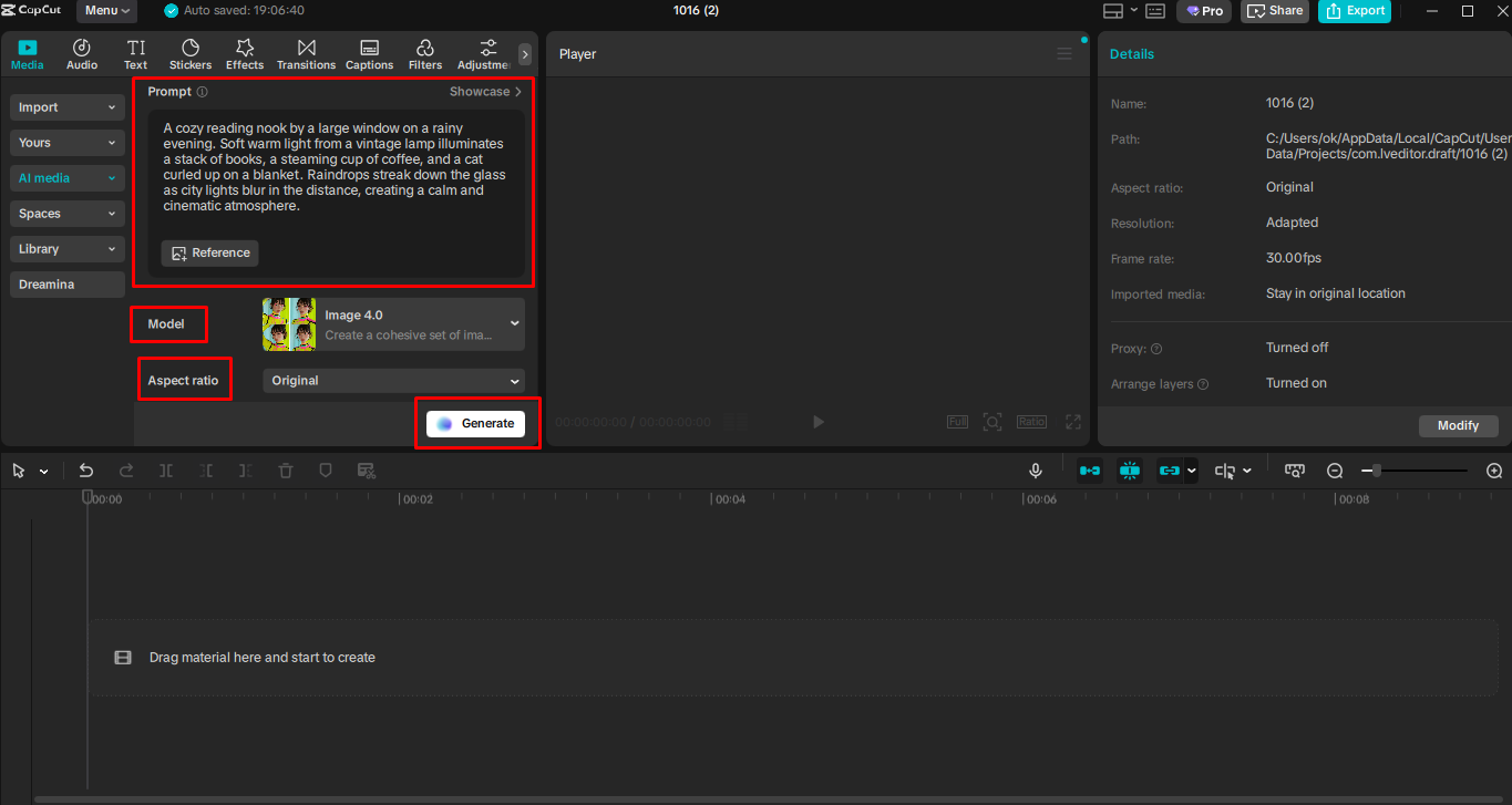 Entering the prompt for generating the image in the CapCut desktop video editor