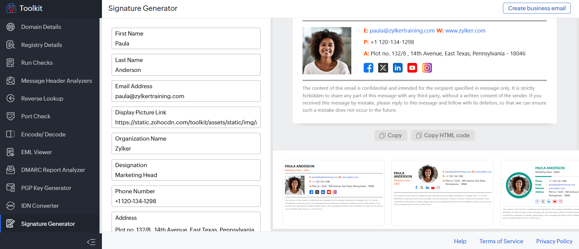 Zoho's email signature interface