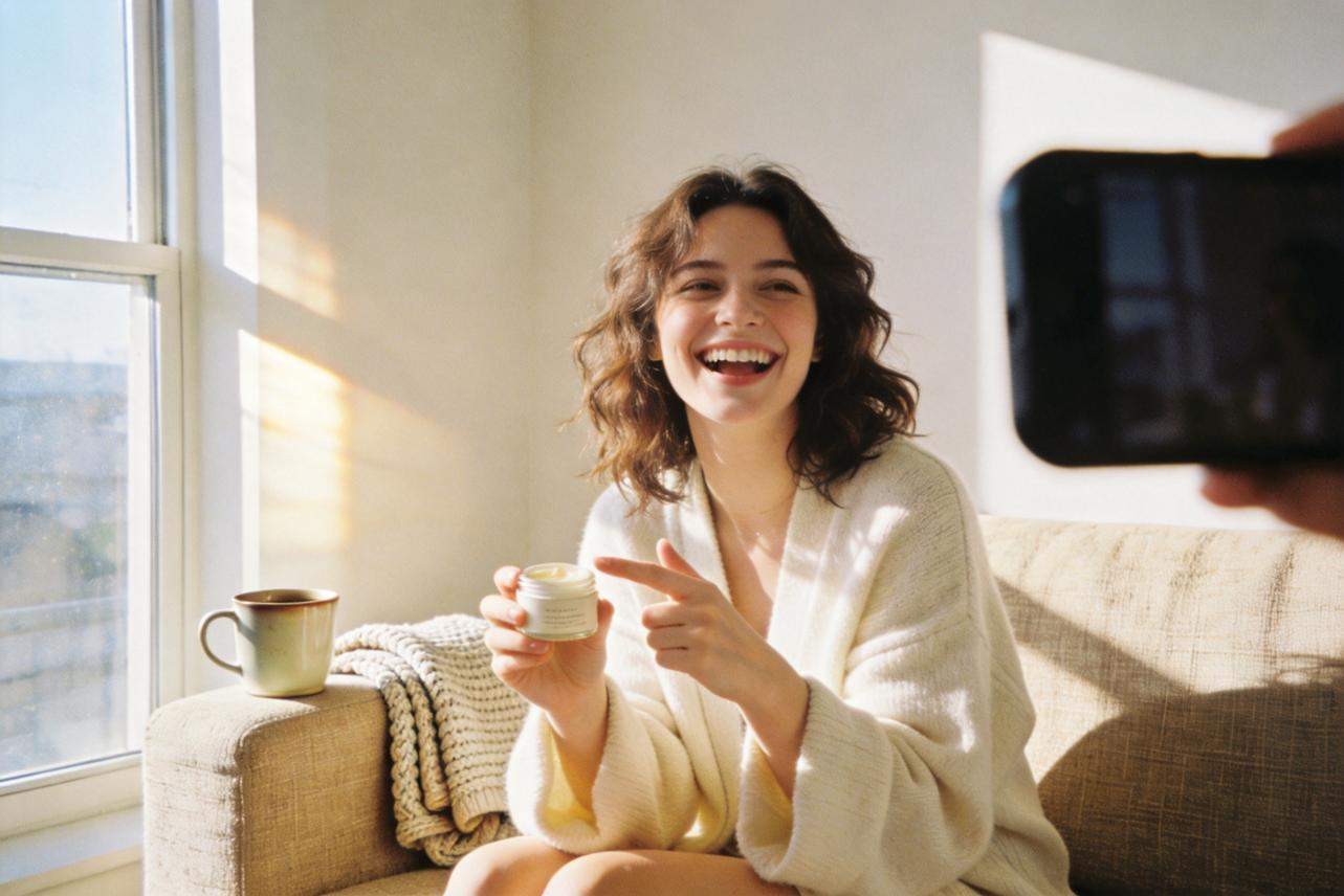 Smiling woman on a couch holding a small jar while being filmed on a phone