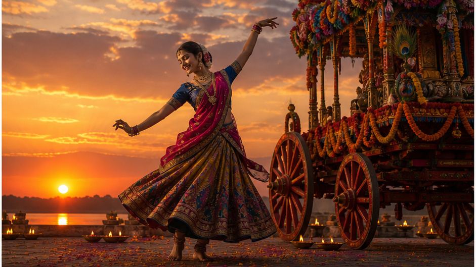 Magema Radha Song Template - Aufführung bei Sonnenuntergang neben einem dekorierten Streitwagen
