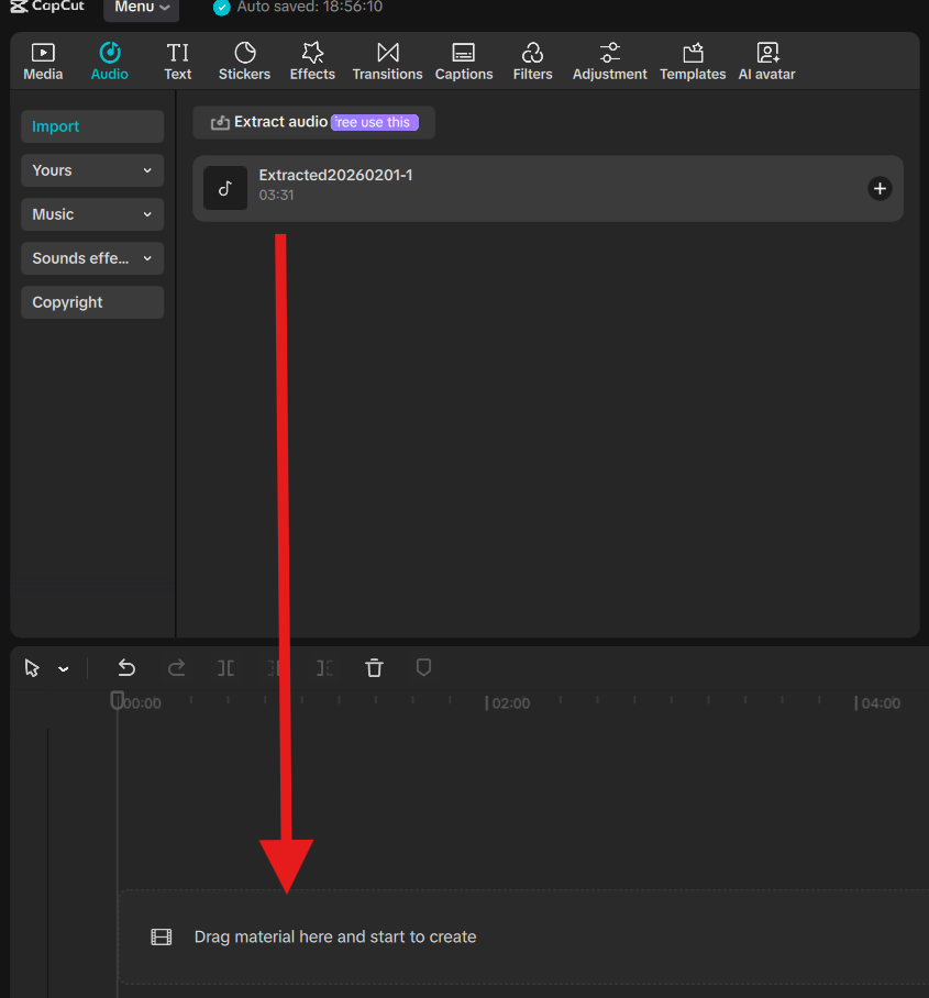 Drag the video or extracted audio file from the Media bin down into the timeline