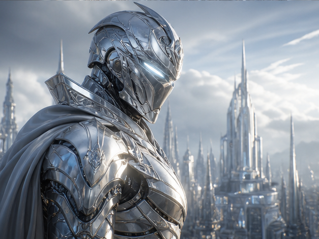 AI Silver Palace-Inspired Character Generator ejemplo rápido 3 - Guardián plateado futurista