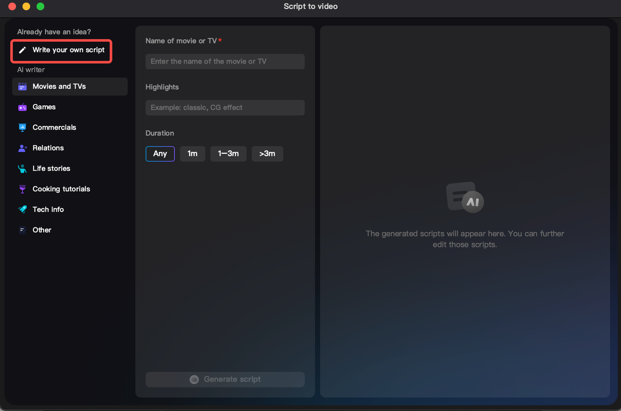 Using your own script on CapCut, the best ai copywriting tools