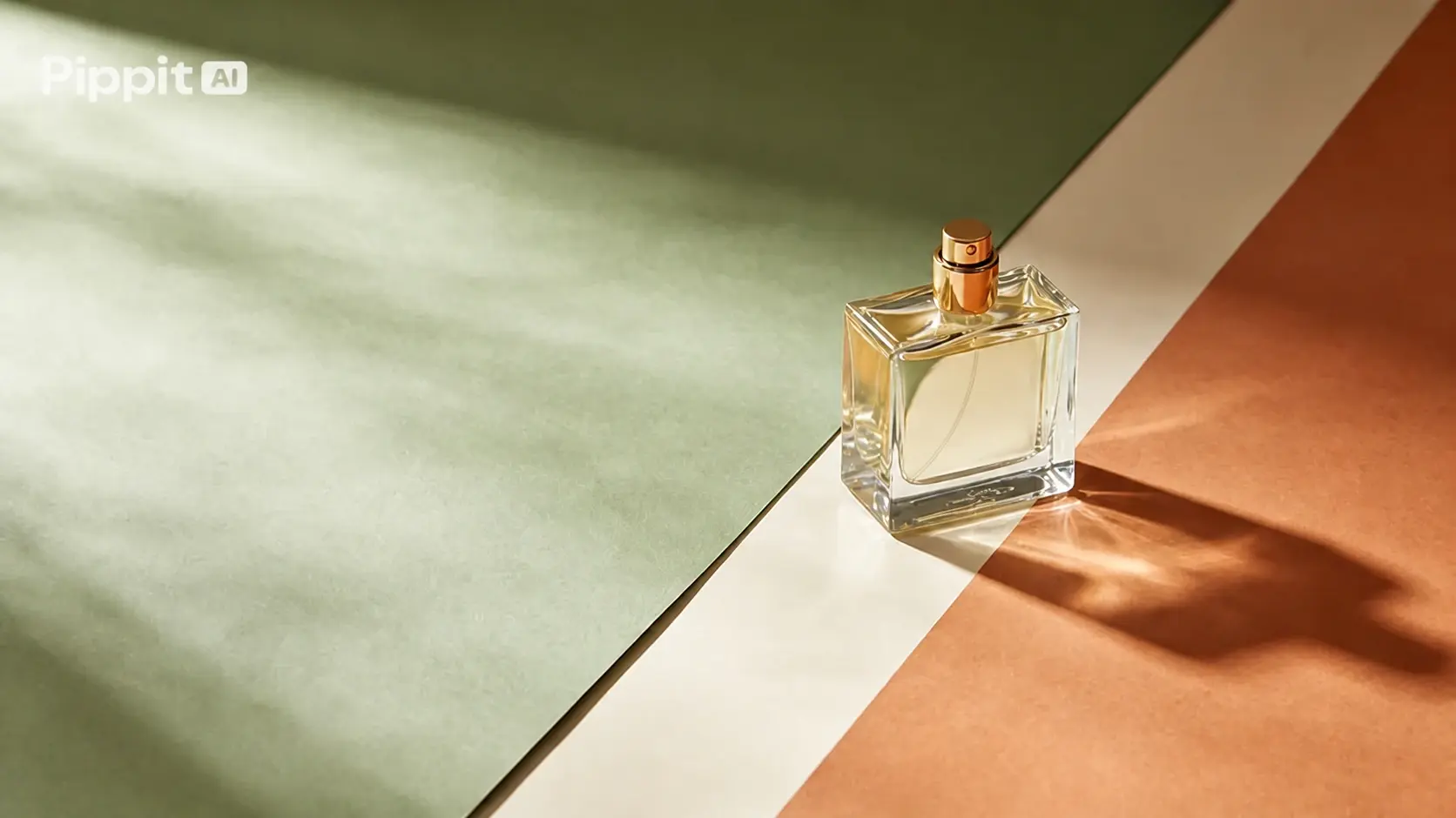 Perfume bottle on a diagonal green, cream, and terracotta background with soft shadows