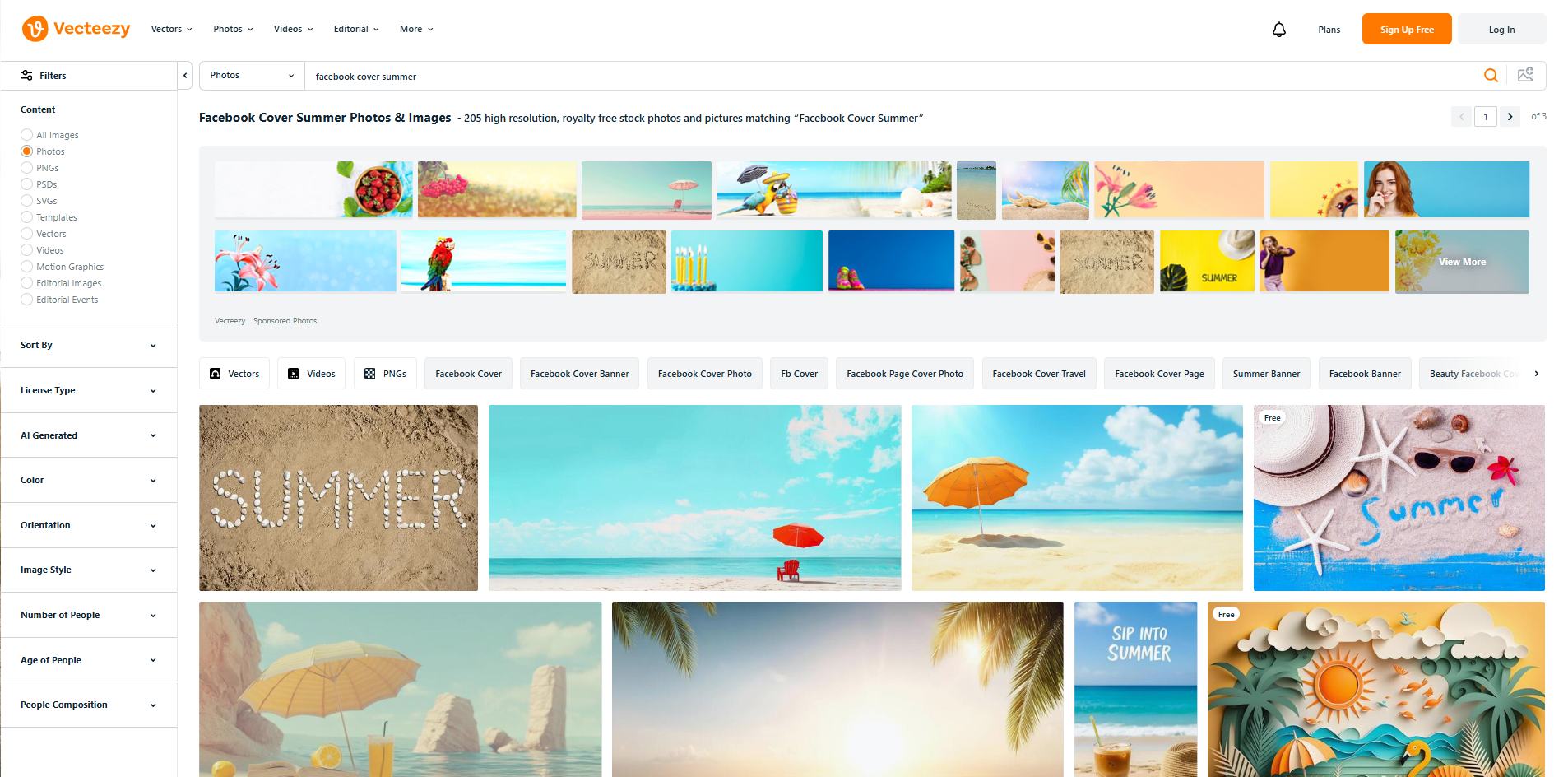 Interface of Vecteezy - a site with diverse summer Facebook cover photos